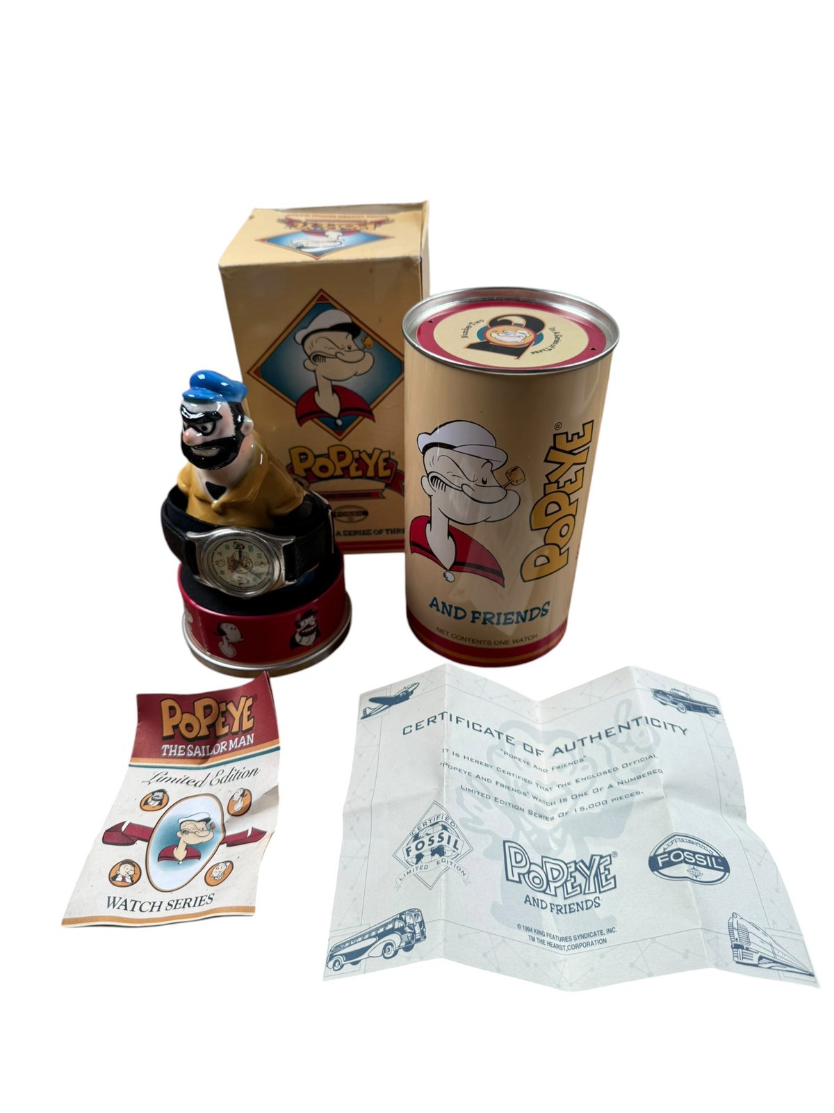 Vintage 1994 Fossil Popeye #2 Brutus Limited Edition Watch, Figurine and Caniste