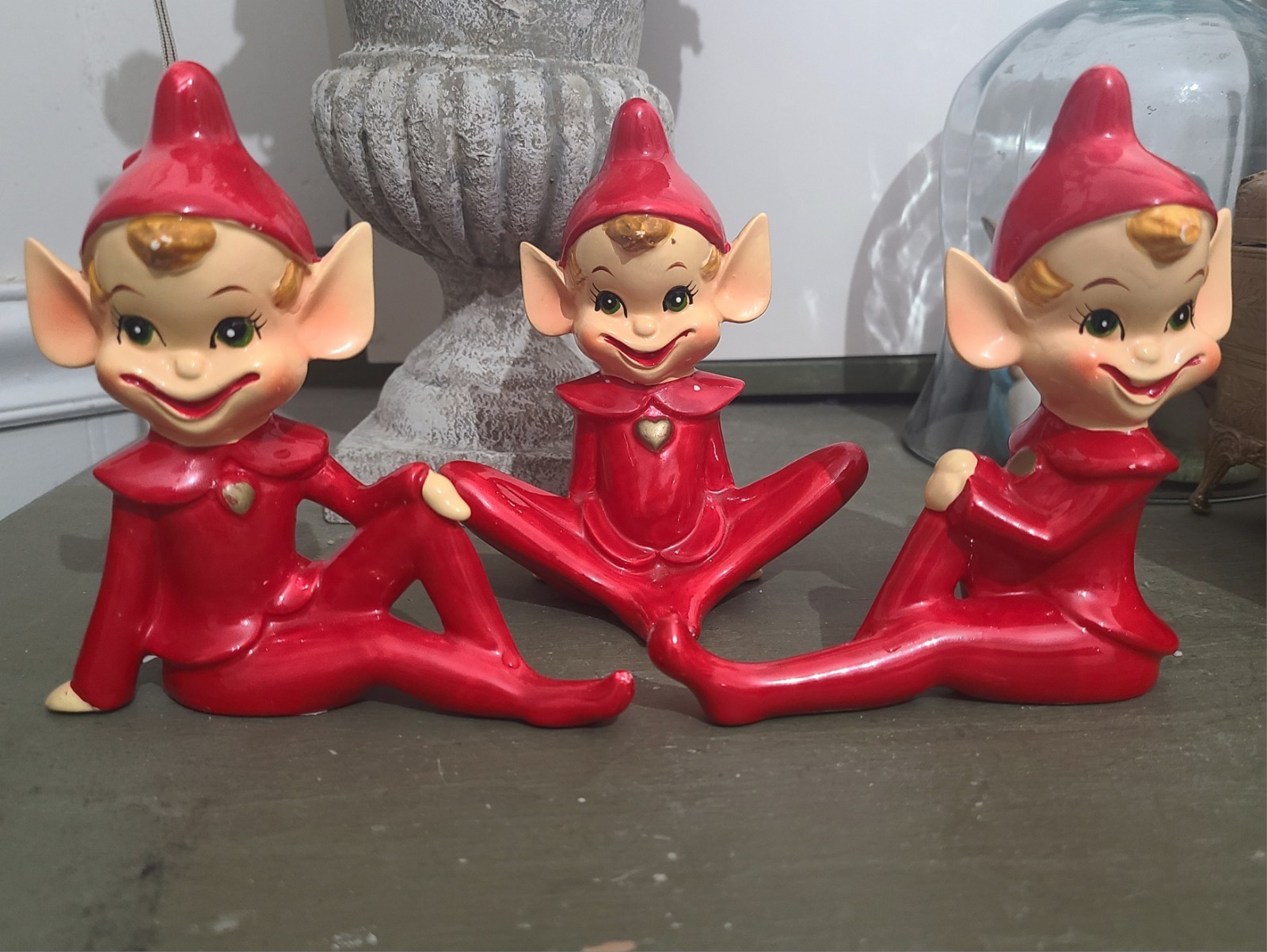 Vintage 1950's Ceramic Pixie Elf Figurine Set 3 Japan MCM Red Gold Heart