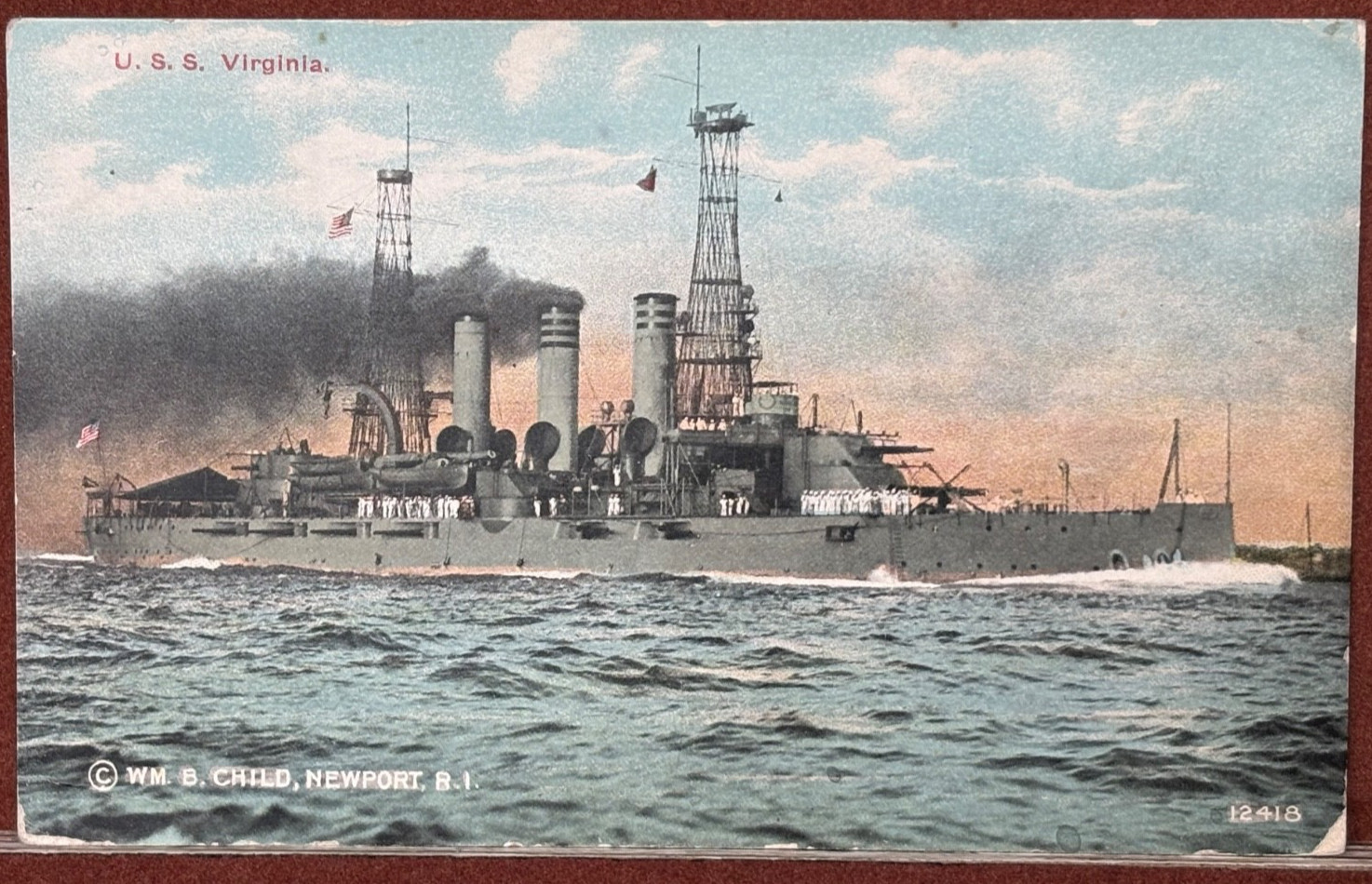 Original 1913 USS Virginia BB-13 Great White Fleet Battleship Postcard US Navy