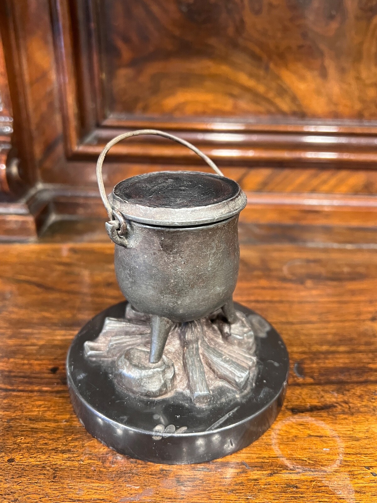 Antique Pewter Inkwell Figural Cauldron over Fire Campfire Wood Logs Marble Base