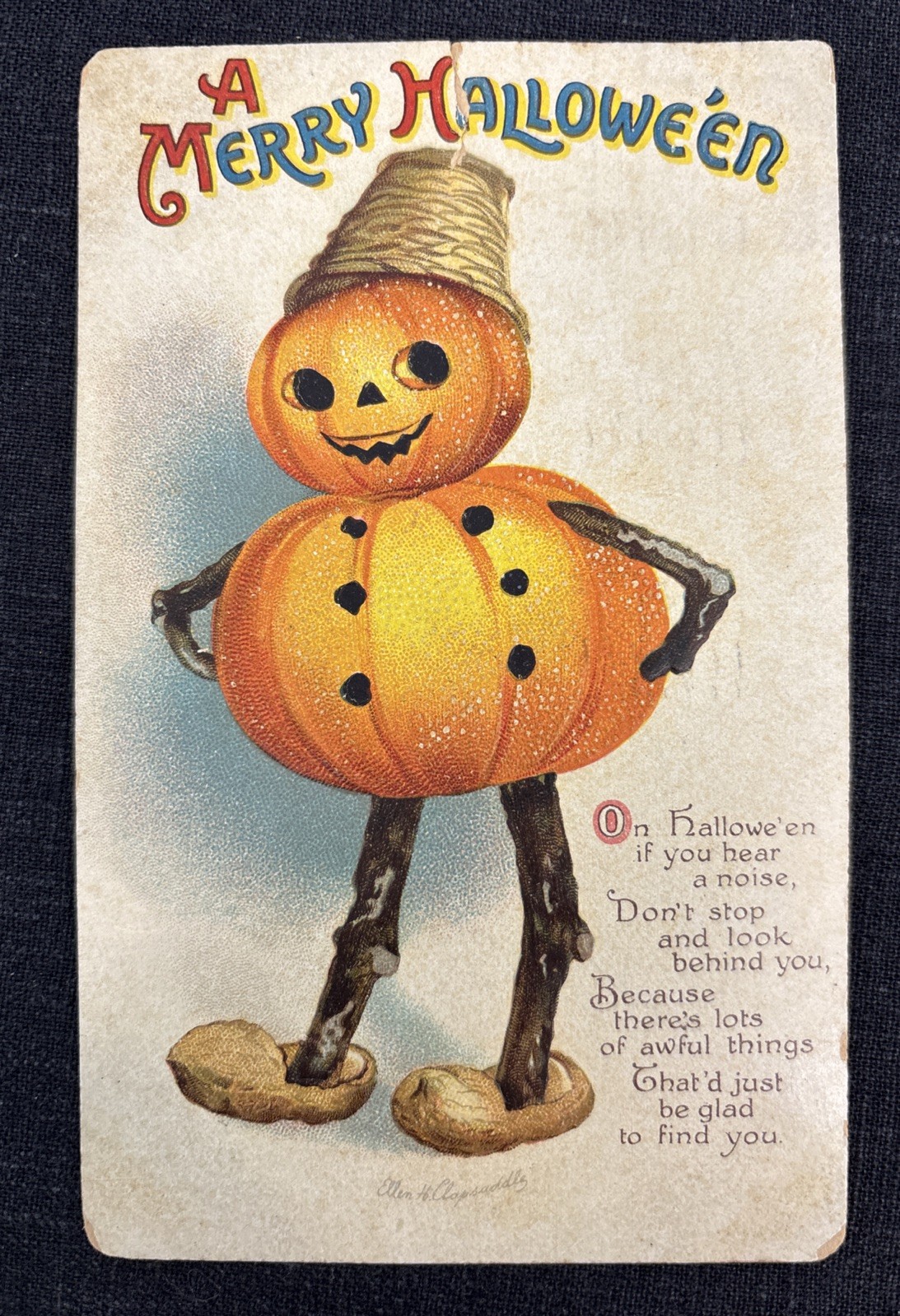 Vintage 1914 Merry Halloween Postcard Clapsaddle Pumpkin Man International Art