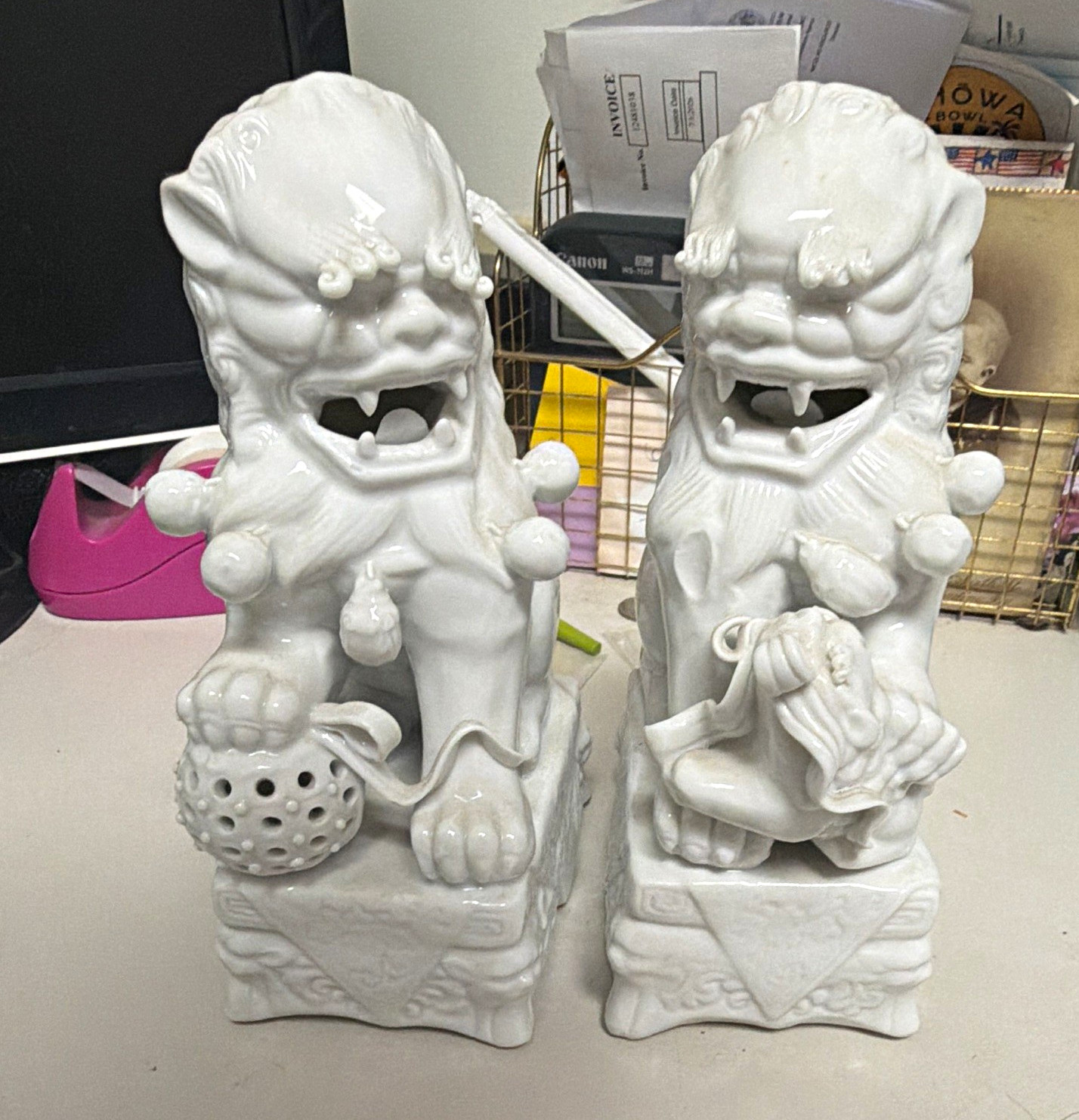 Title Vintage Pair White Blanc de Chine Foo Dogs, Guardian Lions 8 Inch Numbered