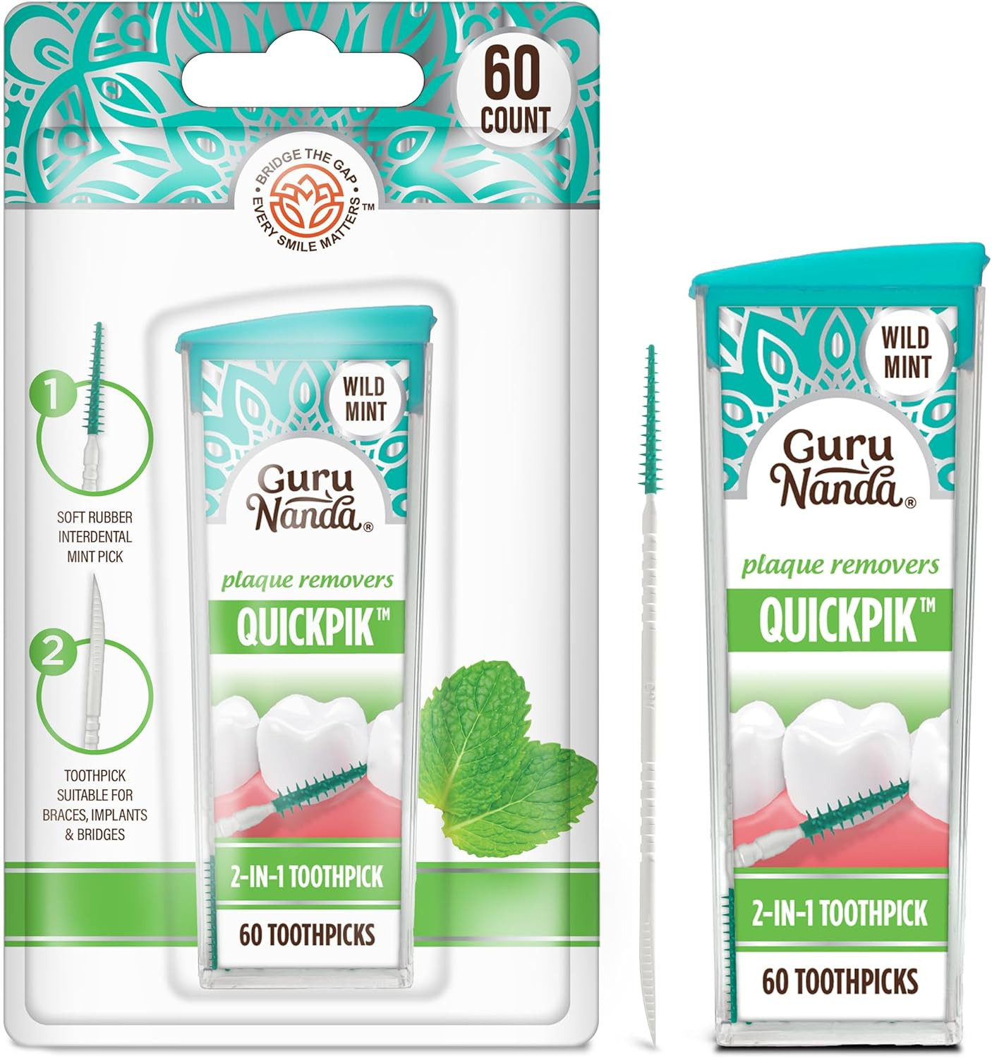 GuruNanda QuickPik Interdental Toothpicks Mint Plaque Remover Travel Case 60Ct