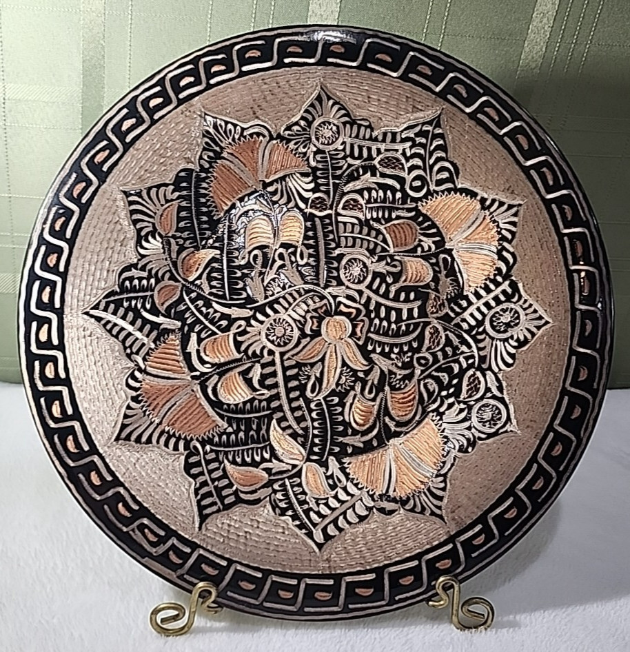 Vintage Turkish Copper Enamel Wall Plate Hand Etched Floral Mandala 9.5\