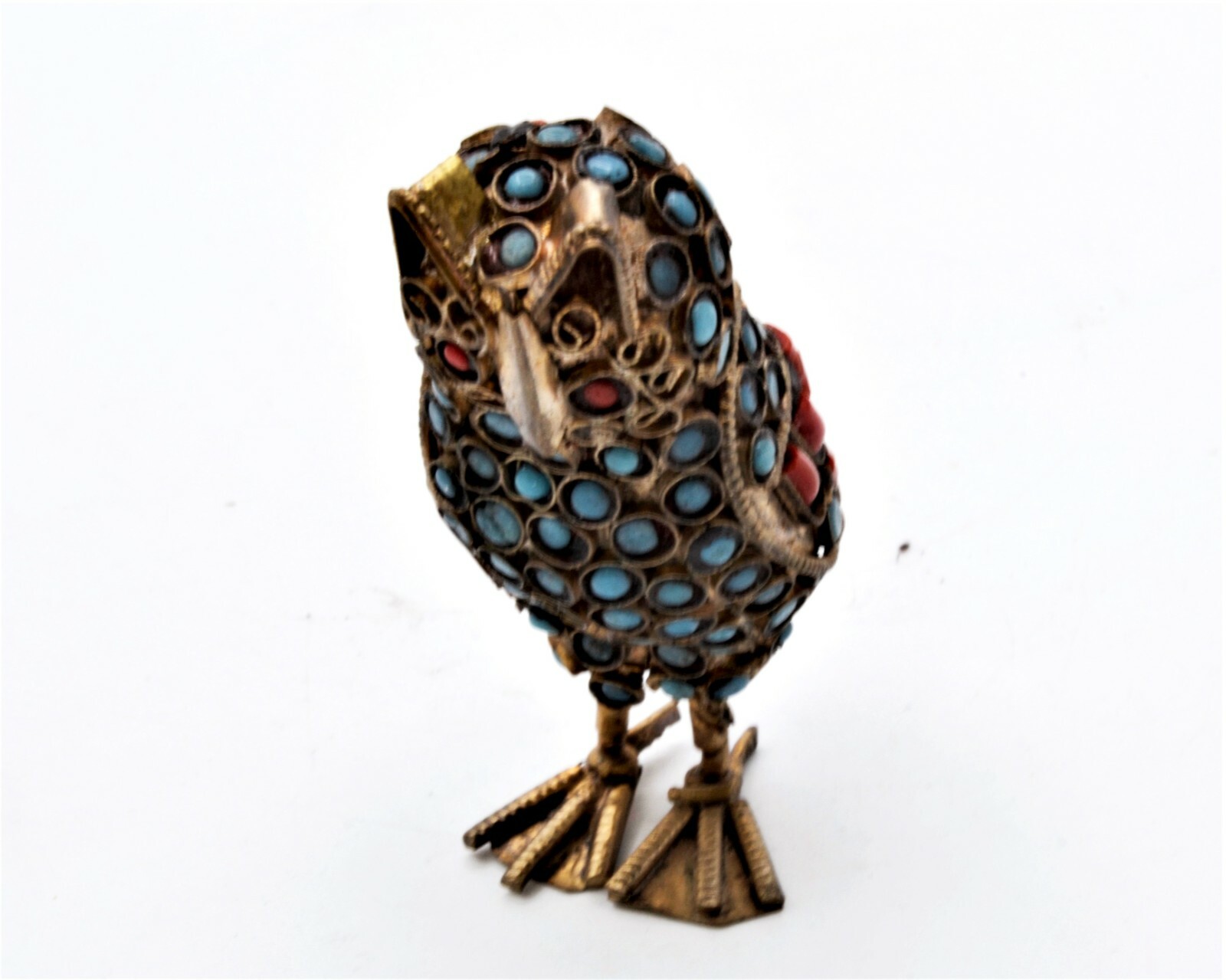 Vintage Nepalese Owl Figurine. Hand Set Faux Turquoise & Coral Beads