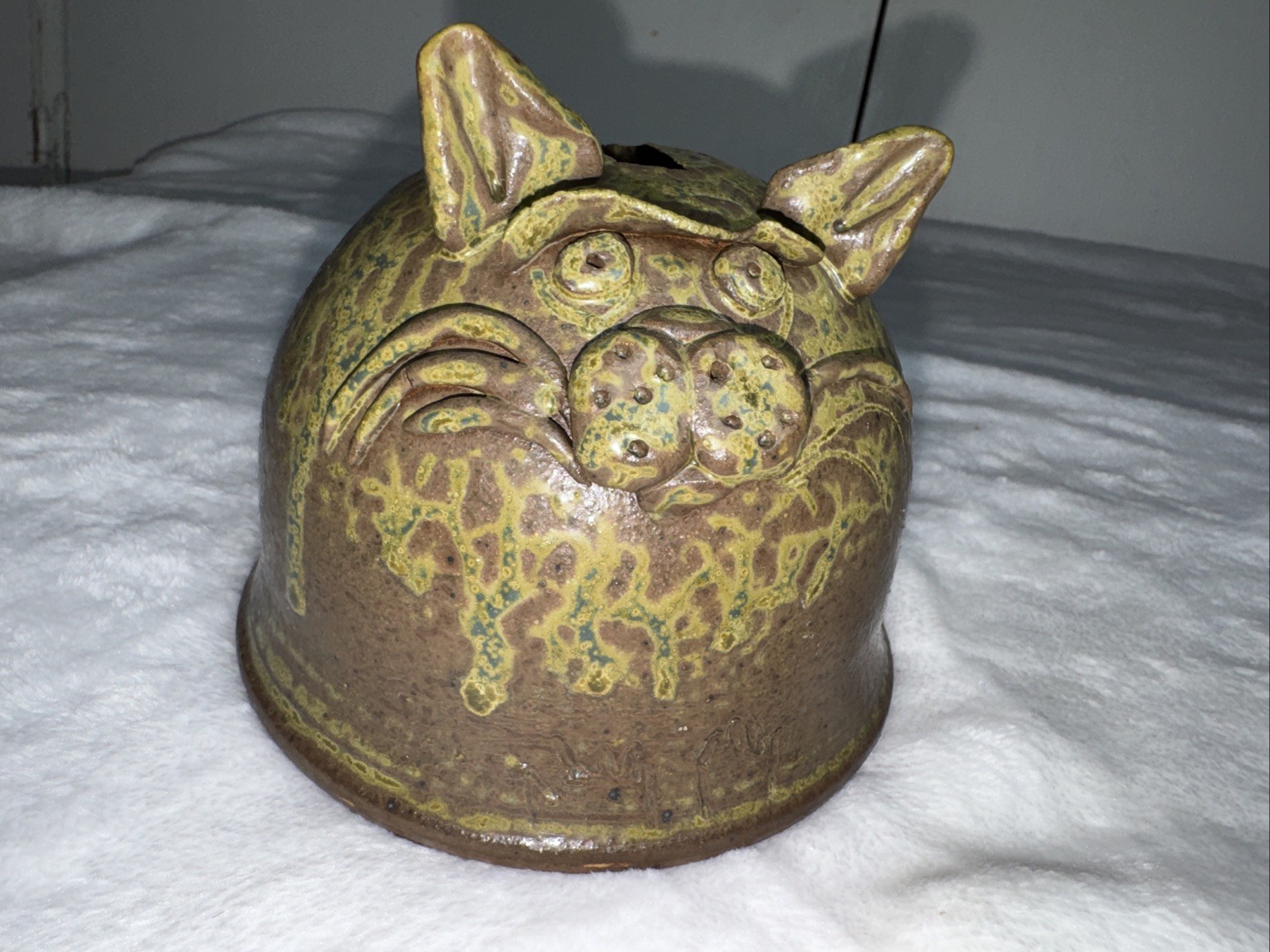 Vintage Studio Pottery Piggy Bank – Cat Face – Handmade 1970s MCM