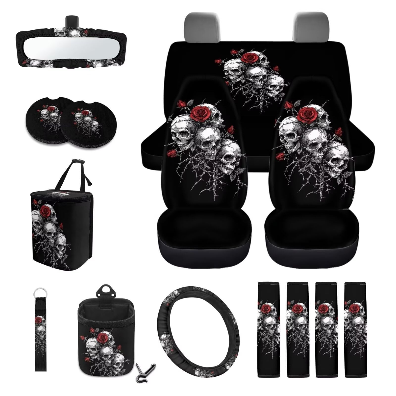 Skull Rose Pattern 15 Pcs Car Accessories Sets Steering Wheel Cover Seat Belt...