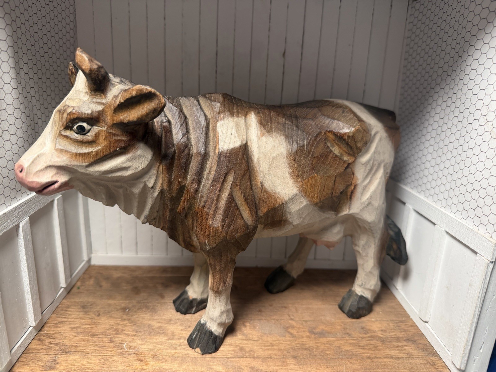 Hand Carved Painted Wood Cow Figurine, Brown & White Wood Folkart Animal Decor