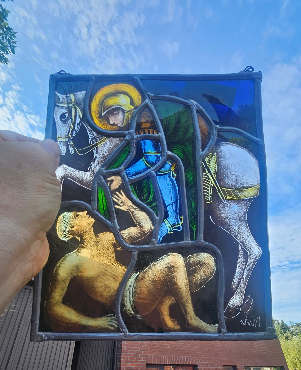 Vintage Stained glass window panel saint MArtin of Tours beggar signed