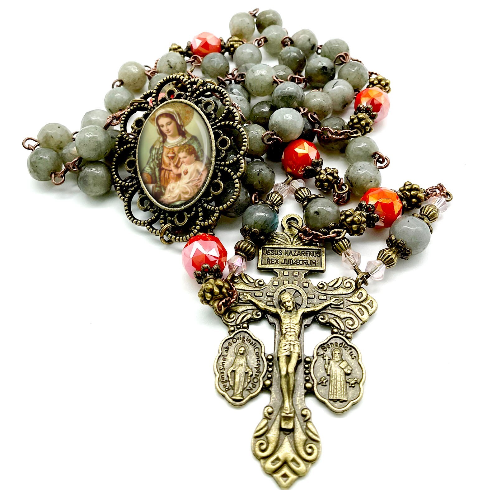 Labradorite Rosary Immaculate Heart Baby Jesus Orange Glass Beads Catholic Gift