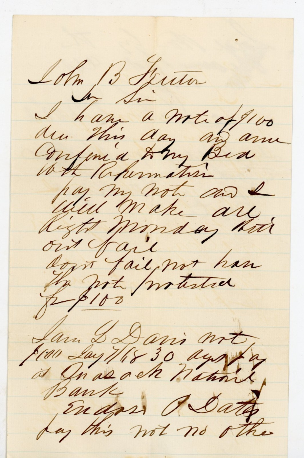 1868 Handwritten Letter Payment Demand JL Davis Rheumatism Confined Bed sick