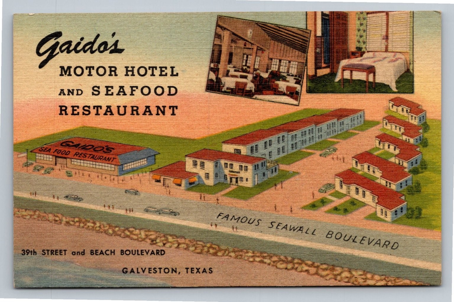 Gaido's Motor Hotel Restaurant Galveston Texas Seawall Vintage Postcard