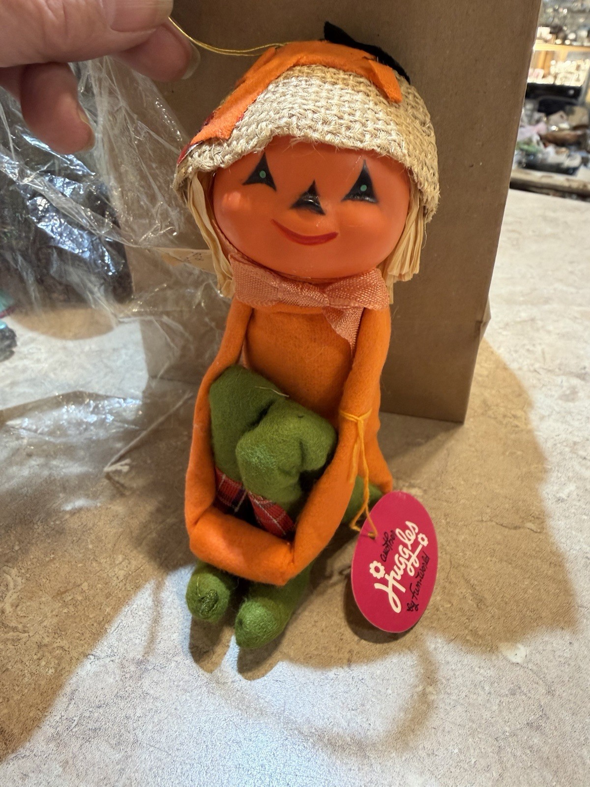Vintage Japan Halloween Pumpkin Head Knee Hugger Scarecrow w Owl NOS