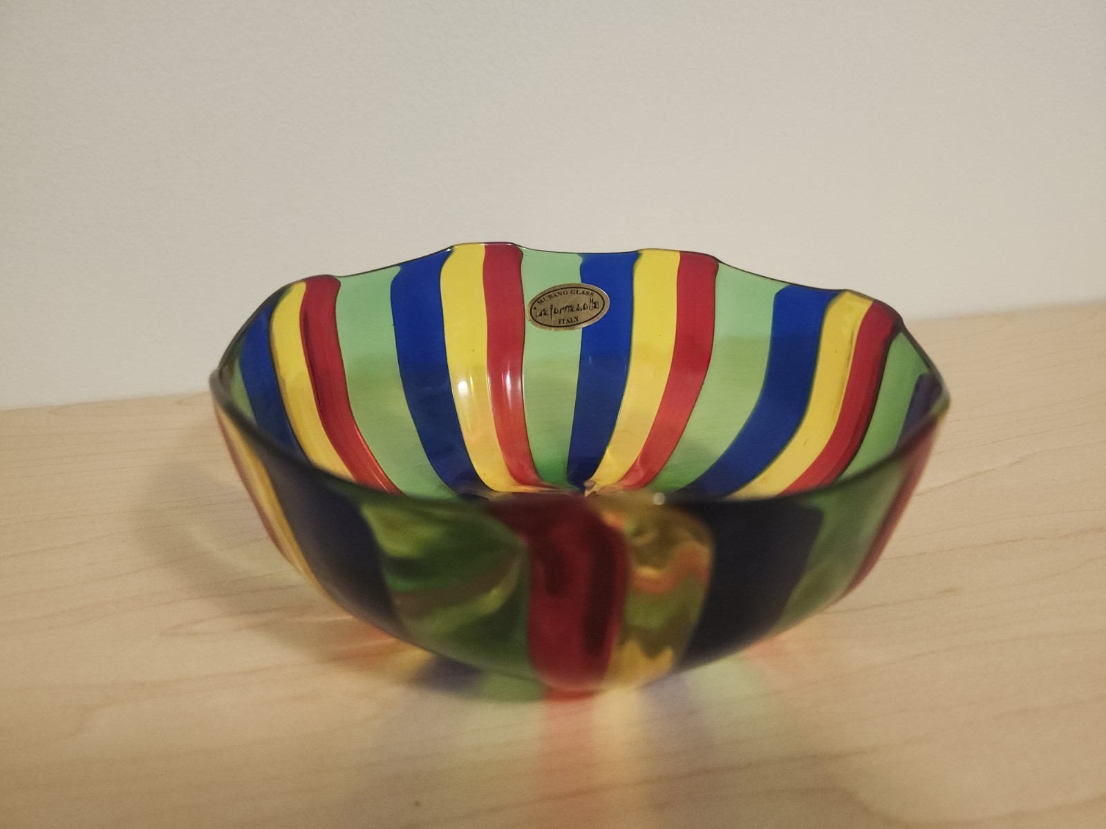 Murano Glass La Fornasotta Italy Multicolored Candy Stripe Art Glass Bowl Label