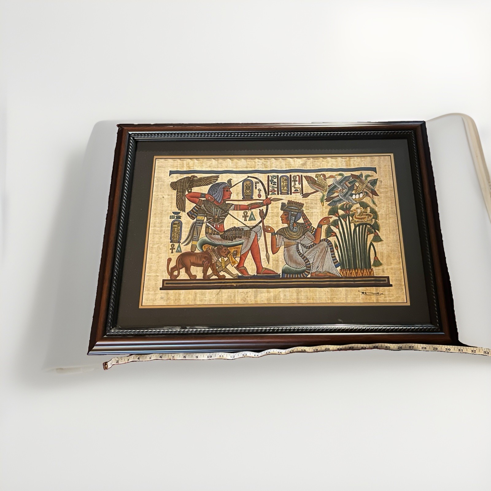 LARGE FRAMED EGYPTIAN PAPYRUS ART KING TUTANKHAMUN & QUEEN ANKHESENSAMUN 30”x22”