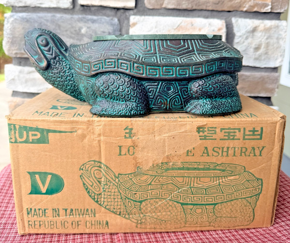 VTG Carved Stone Turtle Ashtray Longlife Asian Art MCM Maximalism Retro Tortoise