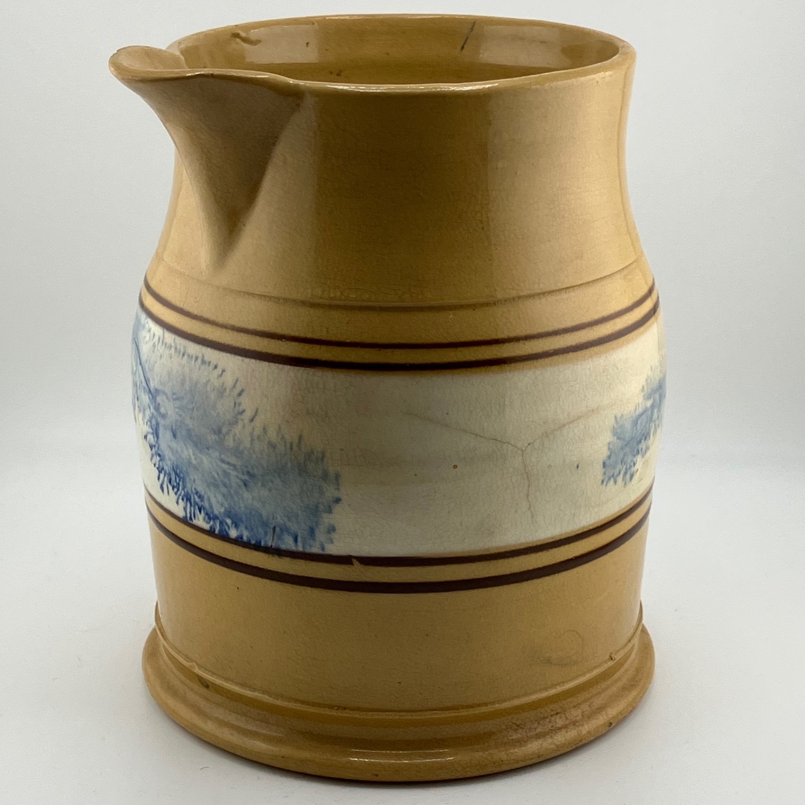 Antique 19thC Yellowware Pitcher with Mocha Stripes Seaweed Decoration DAMAGE