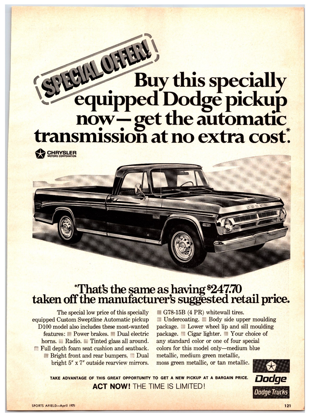Vintage 1971 Dodge D100 Pickup Truck Original Print Ad (8in x 11) Advertisement