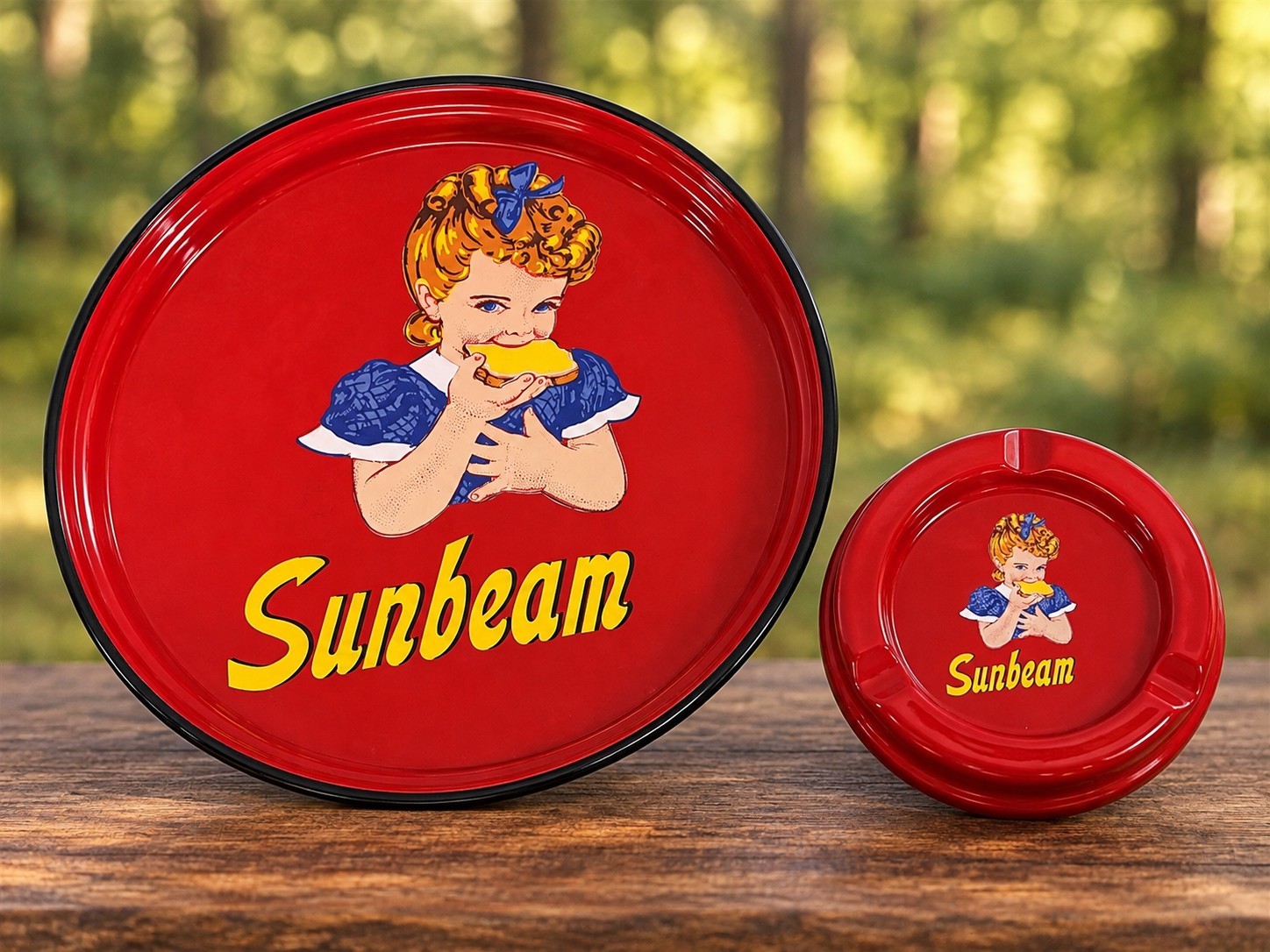 Rare Sunbeam Bread Little Miss Sunbeam Porcelain Enamel Tray Ashtray Set