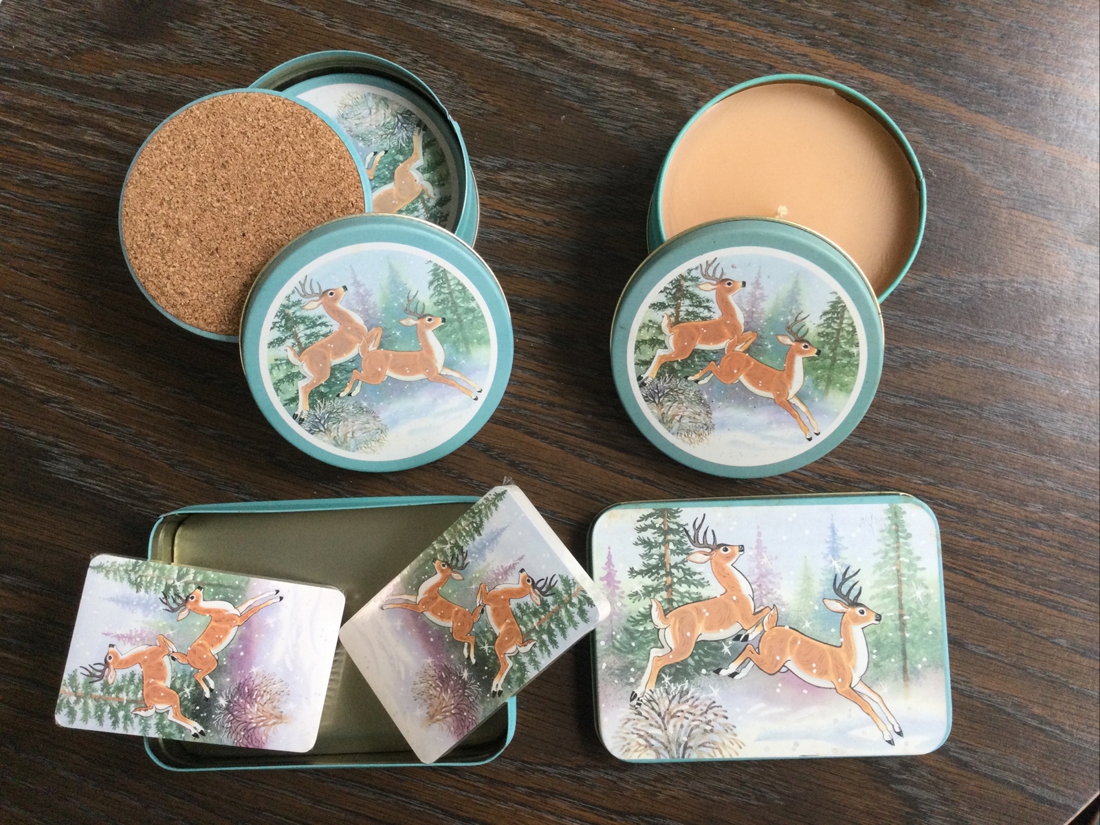 Vintage JSNY Tin 3 Pc SET Playing Cards Coasters Candle Winter Scene Deer Buck,