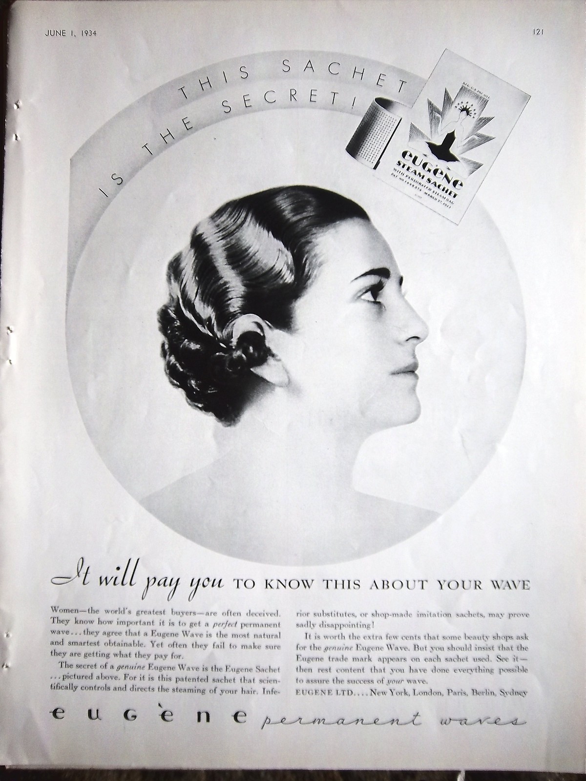 1934 Eugene Permanent Waves Hair Steam Sachet Ad