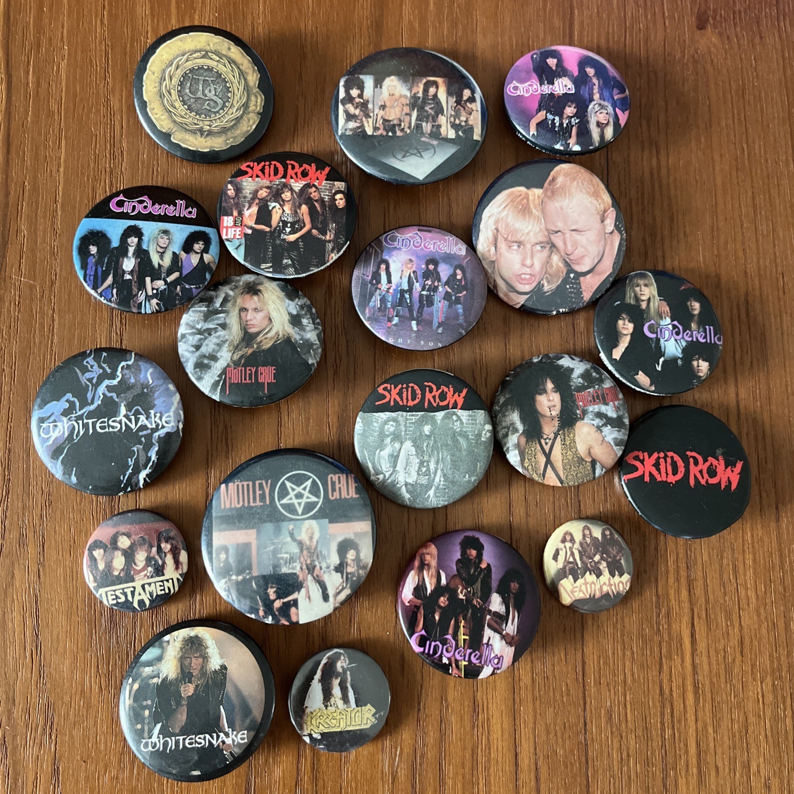 19 Vintage 80s MOTLEY CRUE Metal Hair Band SKID ROW Pin back Buttons WHITESNAKE