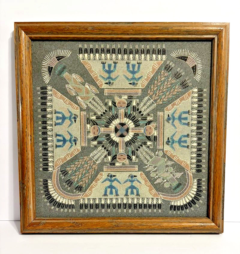 Vintage Navajo Sand Painting 4 Direction Yei & Thunderbird Figures 12