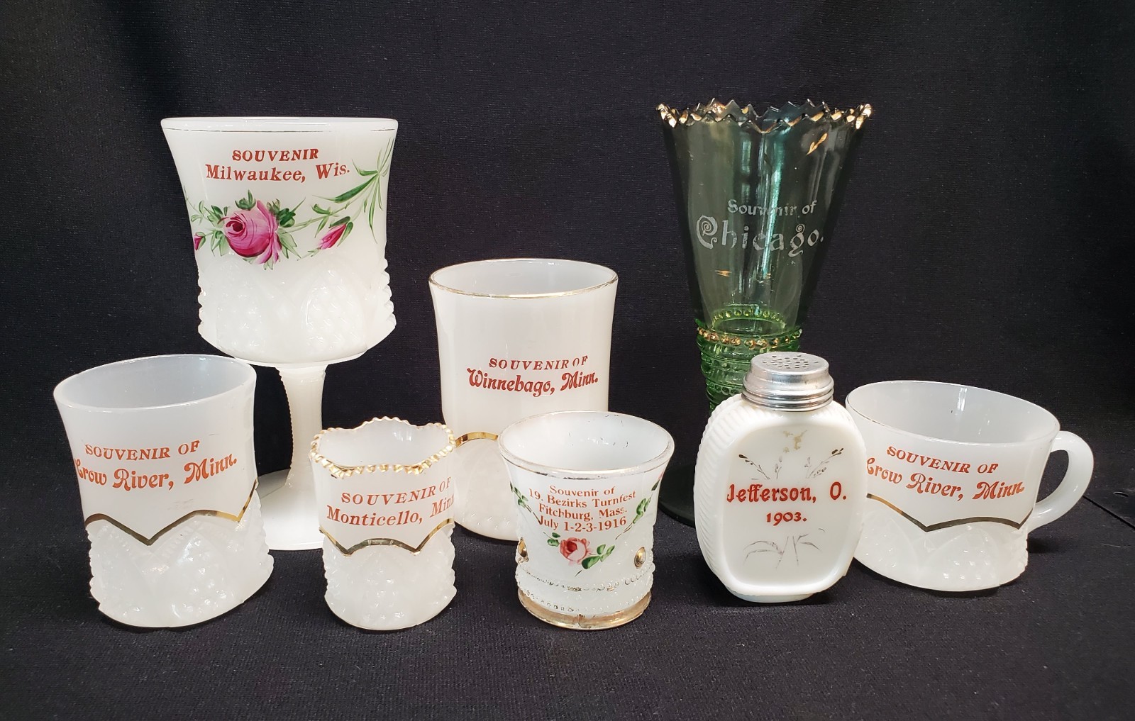 Antique Souvenir Glass Lot of 8 pcs Clambroth Mug Goblet Vase Shaker Toothpicks