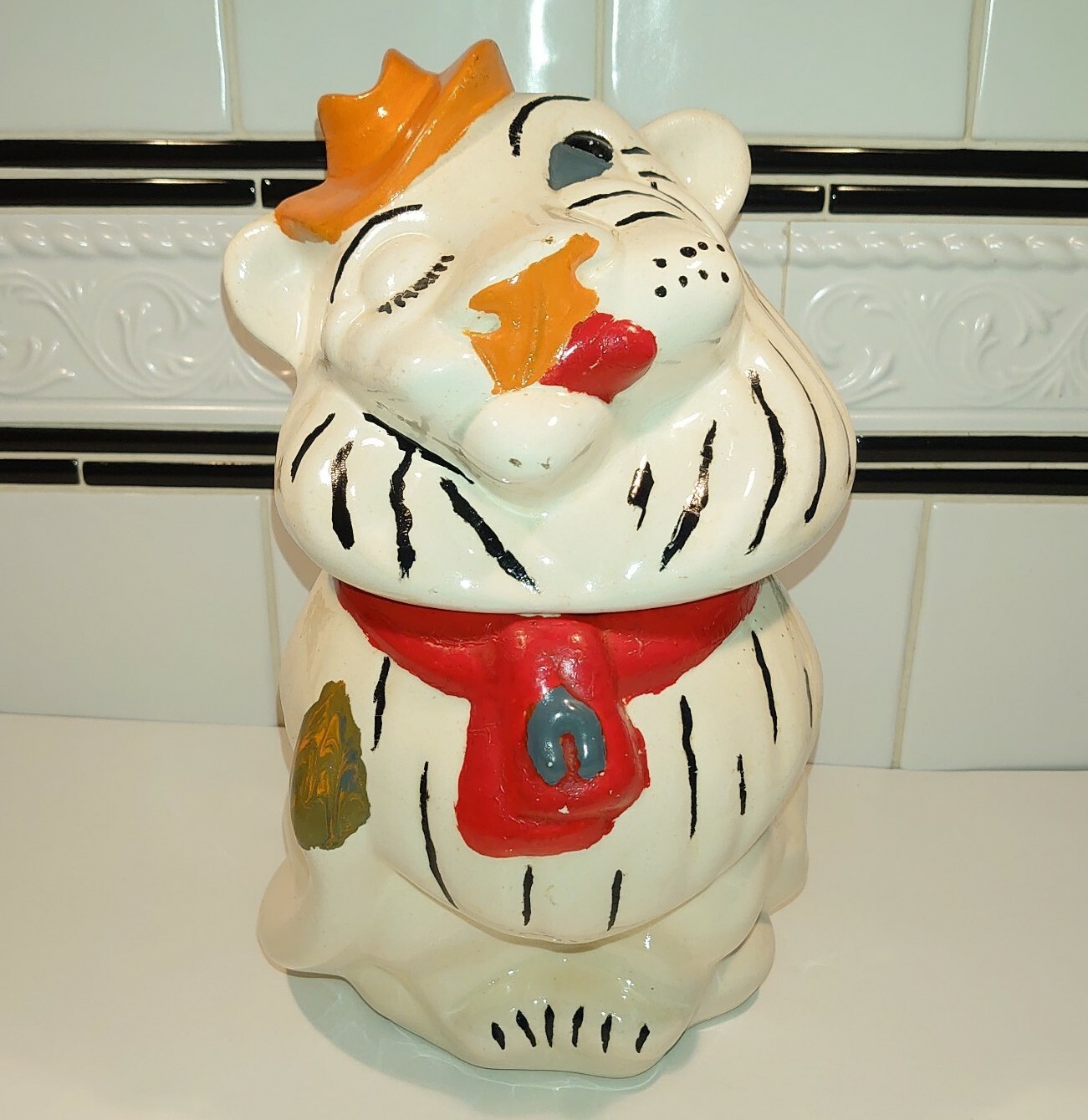 Vintage 1940's Belmont Winking Lion Cookie Jar by Ludowici Celadon, As Found