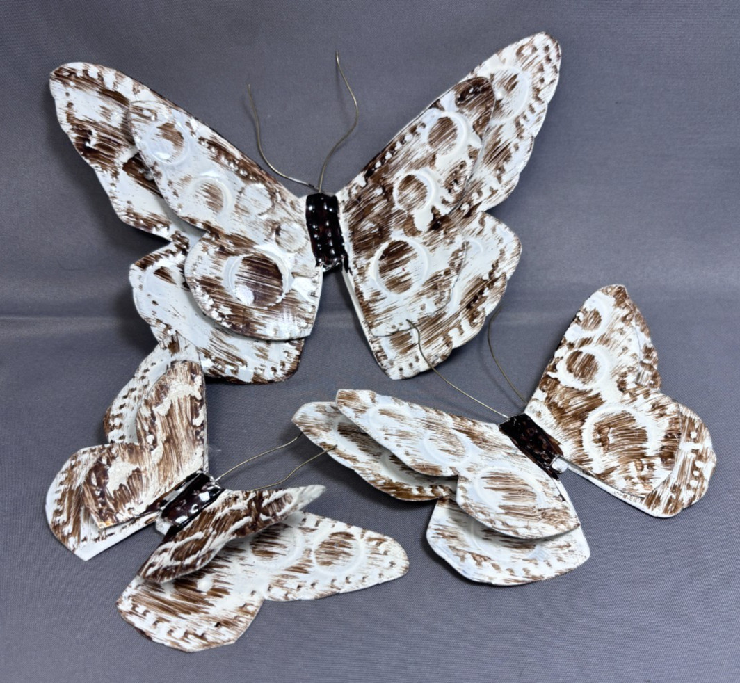 Vintage Set of 3 Tin Whitewashed Butterfly Butterflies Wall Art / Ornaments
