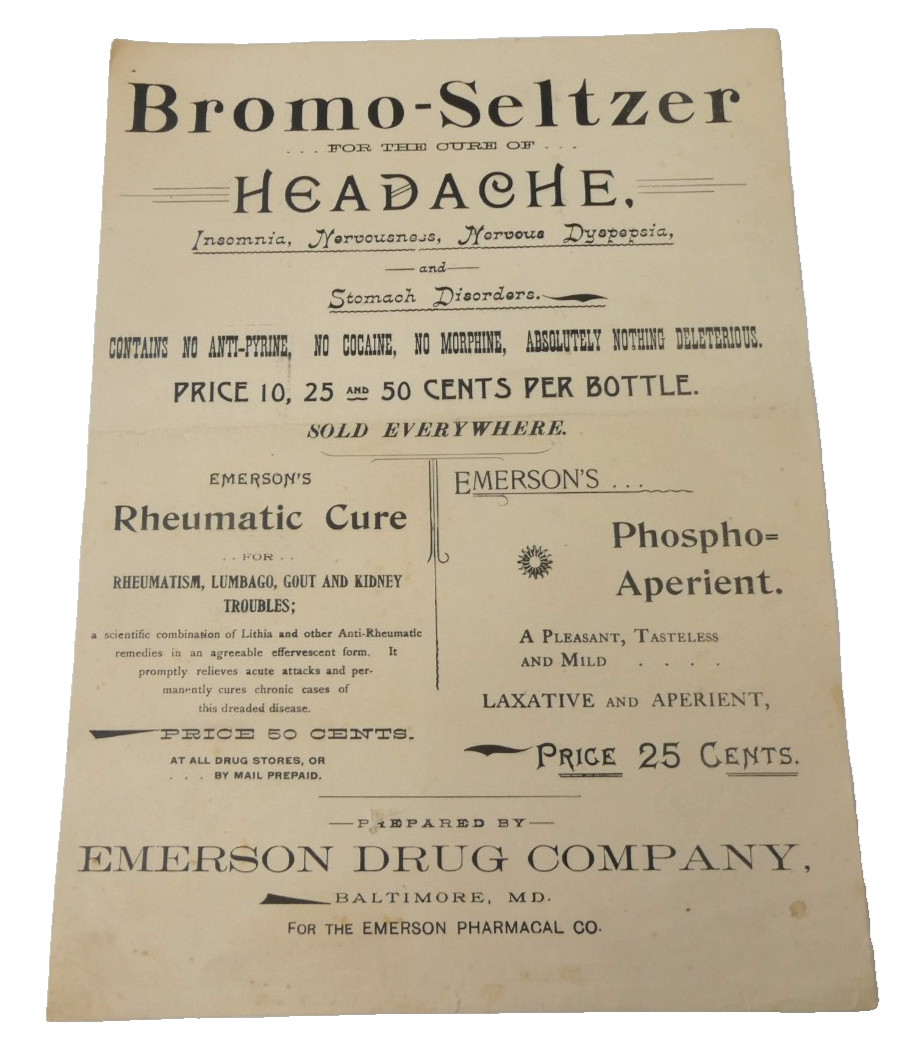 Antique Bromo-Seltzer Insomnia Nervousness Stomach Emerson Drug Co Advertising