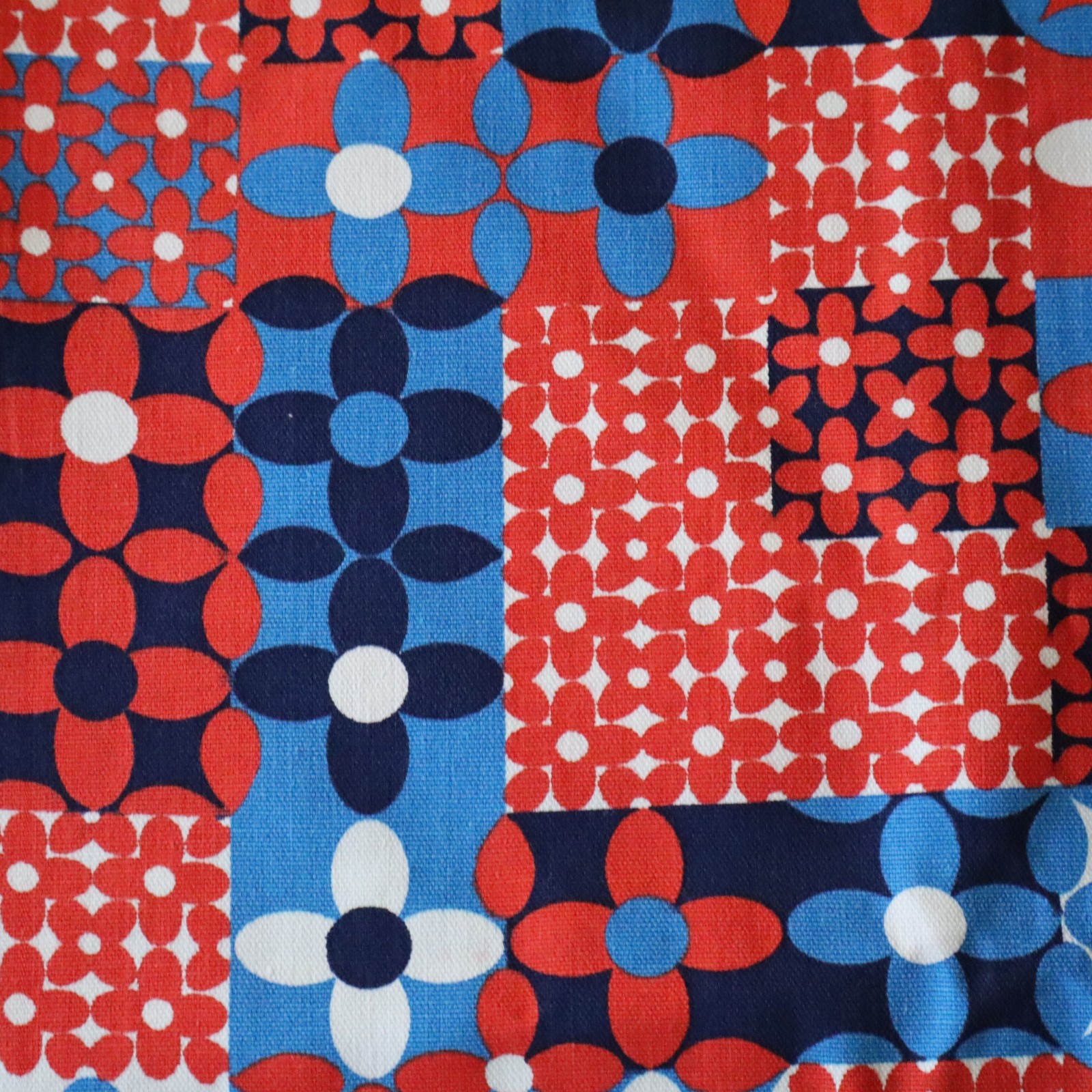 Vintage 1970s Flower Power Fabric Red, White, Sky Blue Retro Floral 1.8 yds