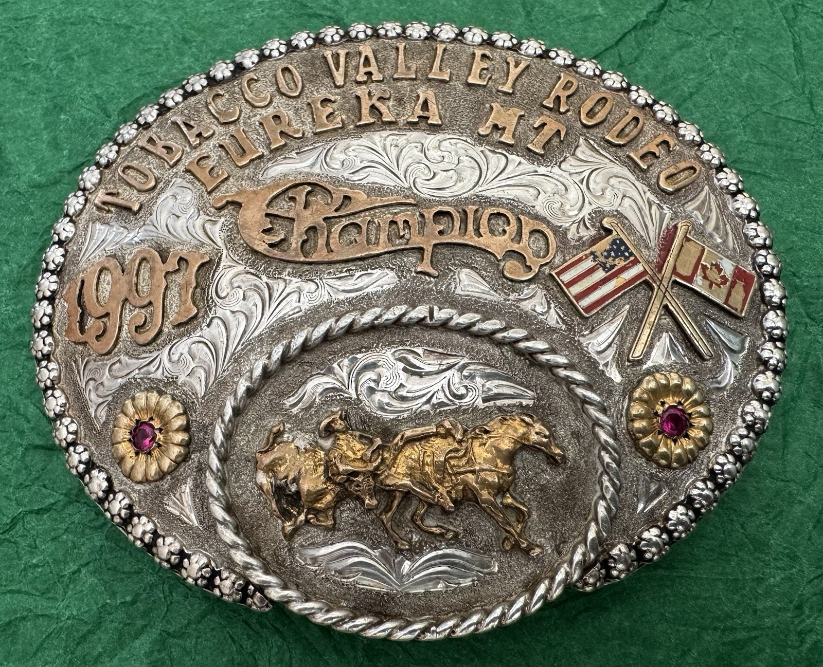 VTG 1991 Tobacco Valley Rodeo Champion Trophy Belt Buckle Eureka MT Western