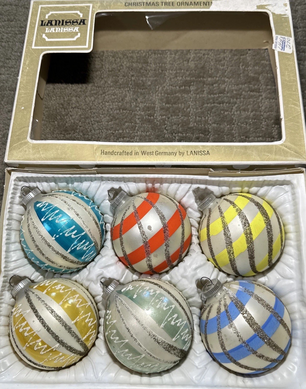 Vtg West Germany D.B.G.M. Glass Christmas Ornaments Set Candy Stripes Glitter