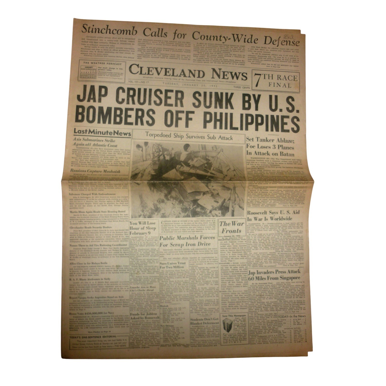 Vintage Jan 20 1942 Cleveland News Newspaper WWII Jap Cruiser Sunk Bataan
