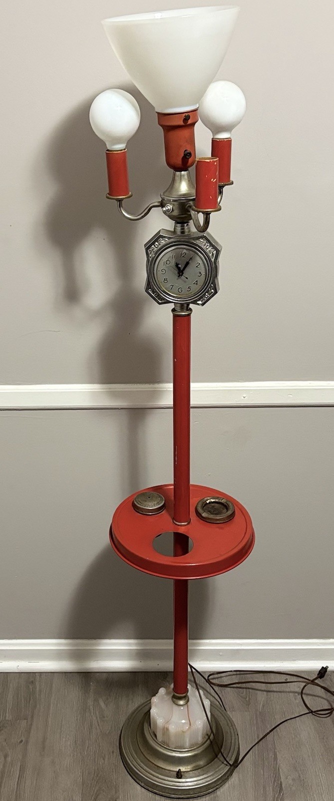 30’s Art Deco Smoking Stand Combo Lamp Clock Milk Torchiere 60” Marble Base Rare