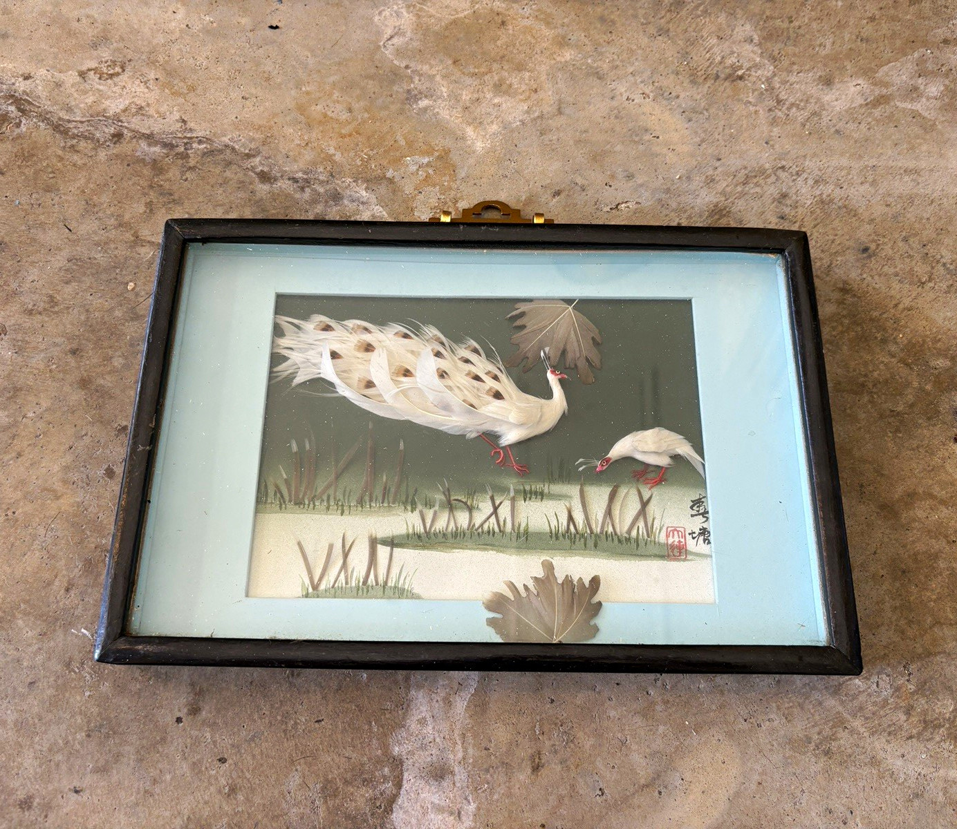 Framed Chinese Print Artwork Birds & Bamboo with Characters and Red Seal 12”X8”