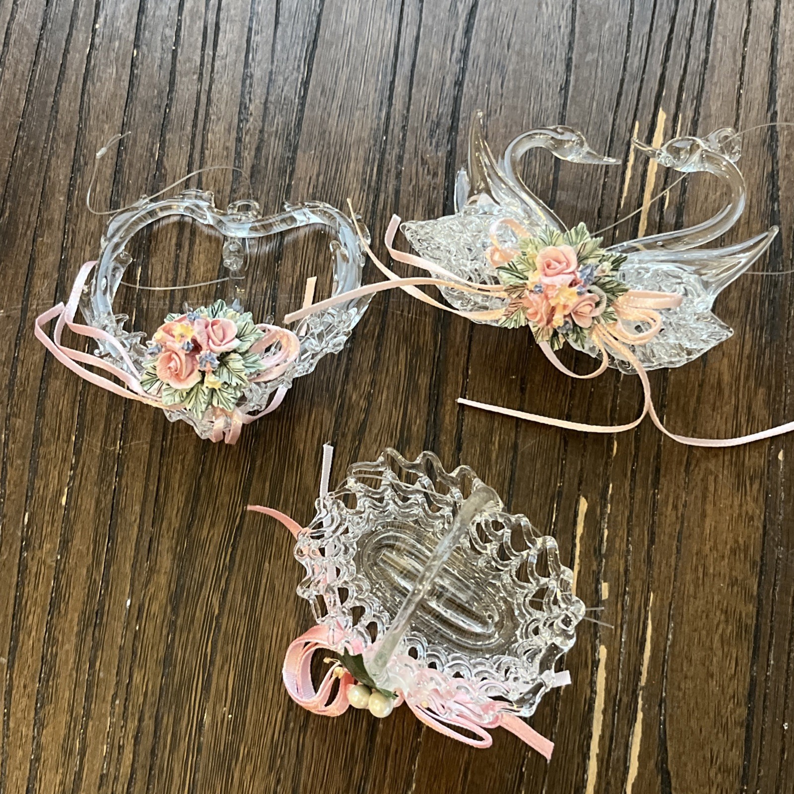 Vtg Silvestri Spun Glass Christmas Ornament Lot Heart Swan Basket Roses Pink Set