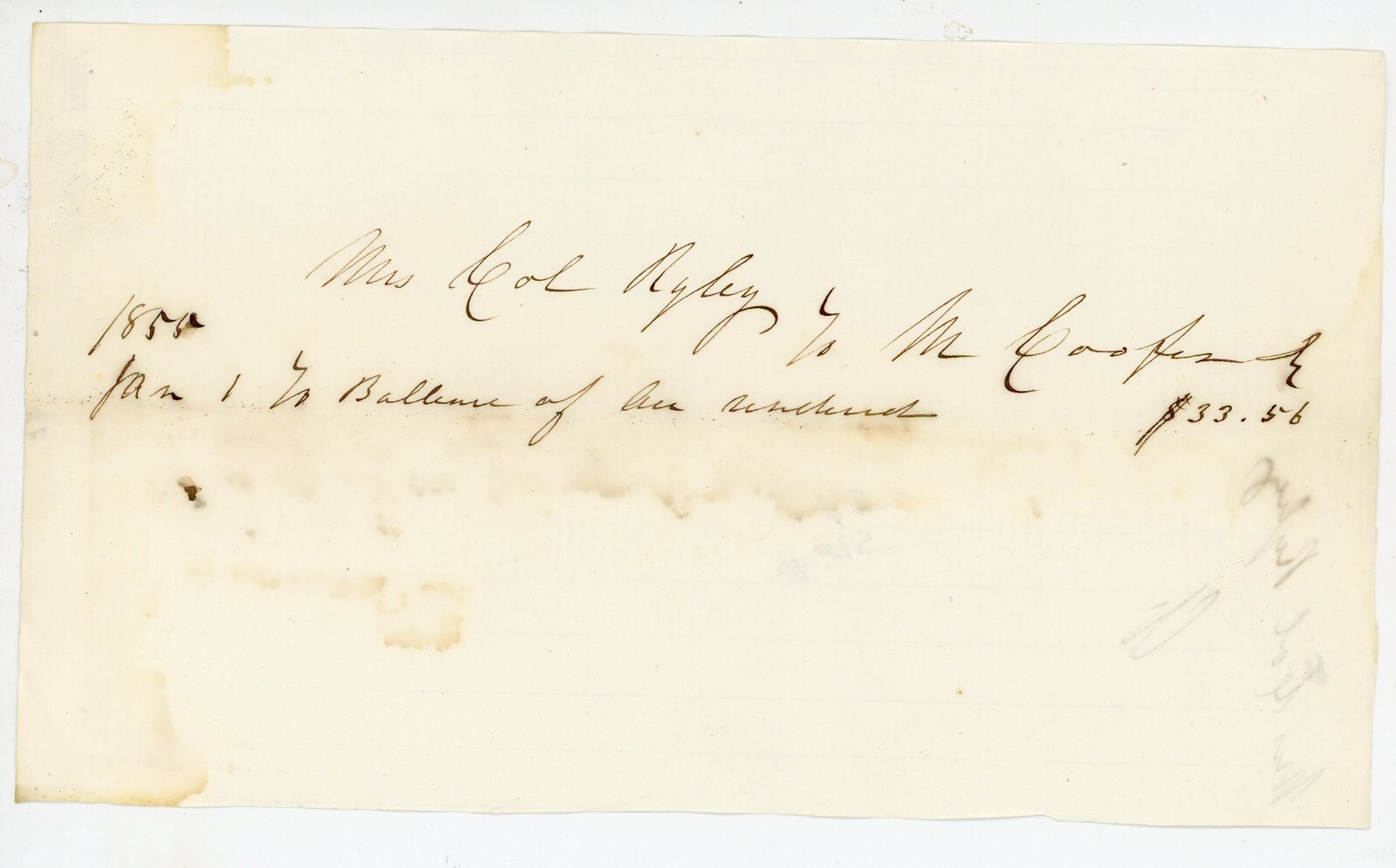1855 Handwritten Receipt Mrs. Col. Riley War 1812 Military Governor California