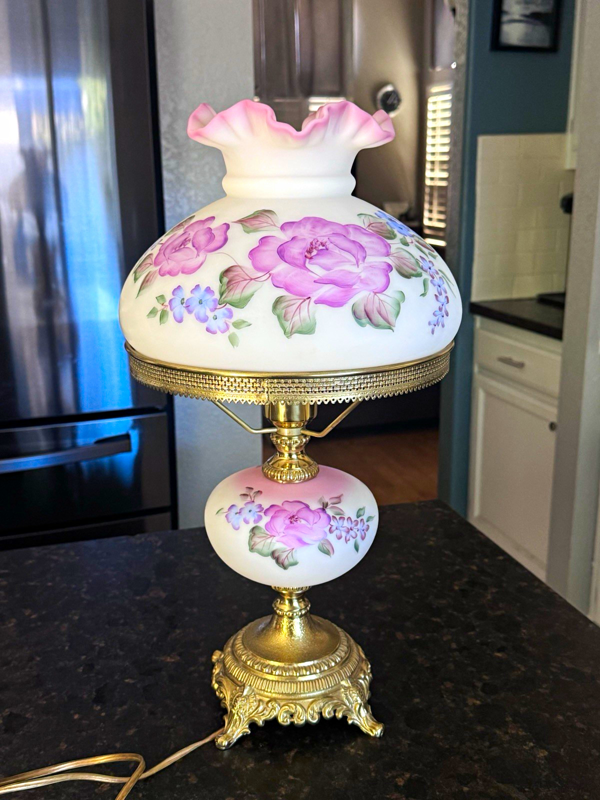 Vintage Fenton Floral Satin Glass Student Lamp Beautiful GWTW Signed READ