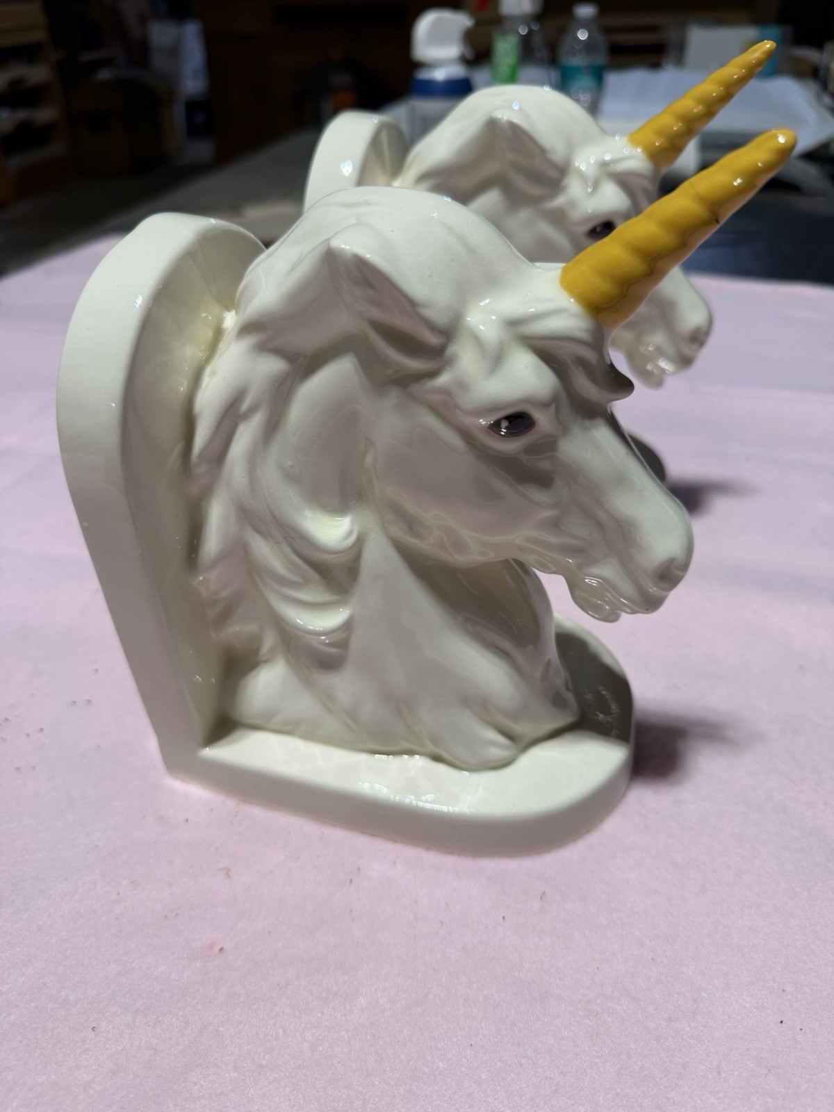 Vintage Ceramic Rainbow Unicorn Mythical Creature Fantasy Bookends Gold Horn