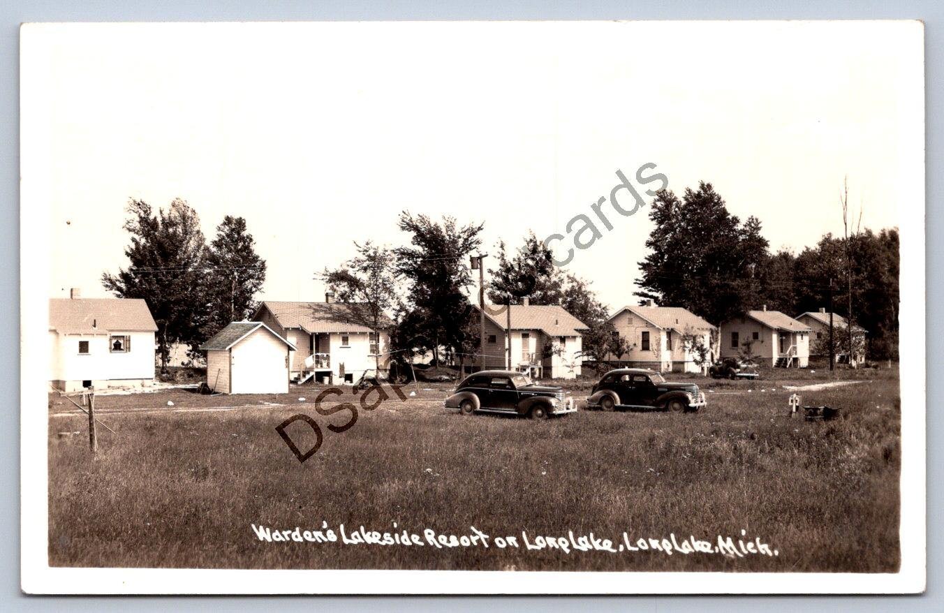 Michigan Rppc Postcard c1930-50s Warden's Lakeside Resort Long Lake Vintage Cars