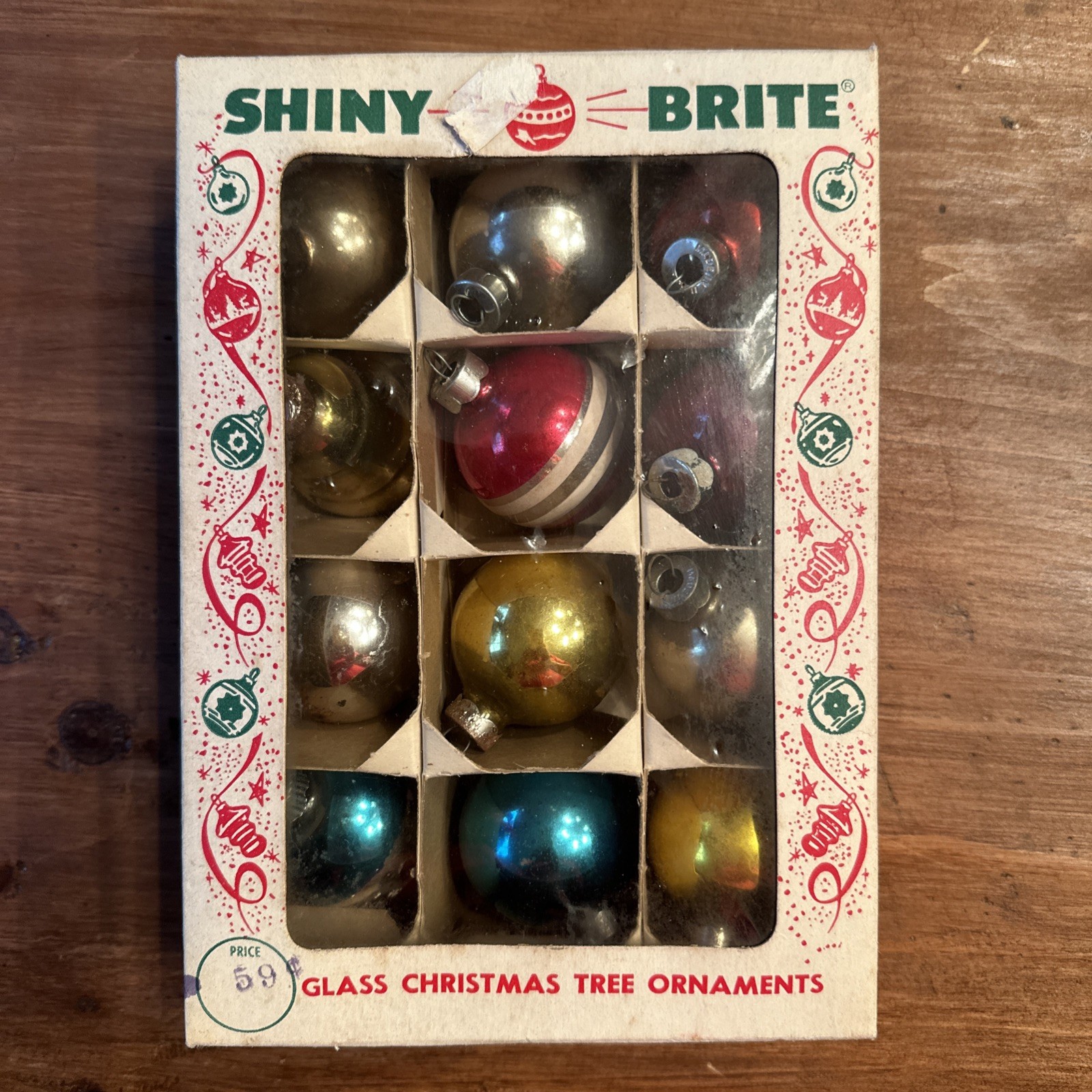 12 Shiny Brite Vintage Glass Christmas Ornaments In Box Made In U.S.A. 