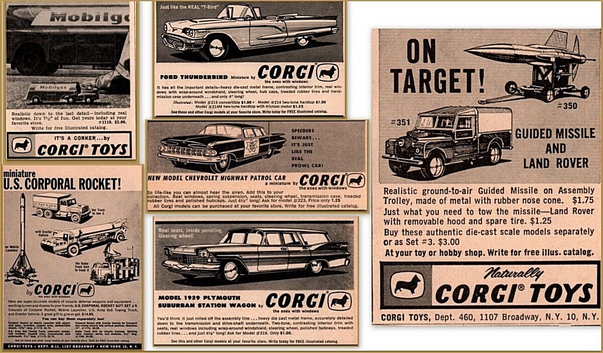 6 1950\'S Corgi Police Impala Plymouth Mobil Land Rover Missile Radar Print Ads
