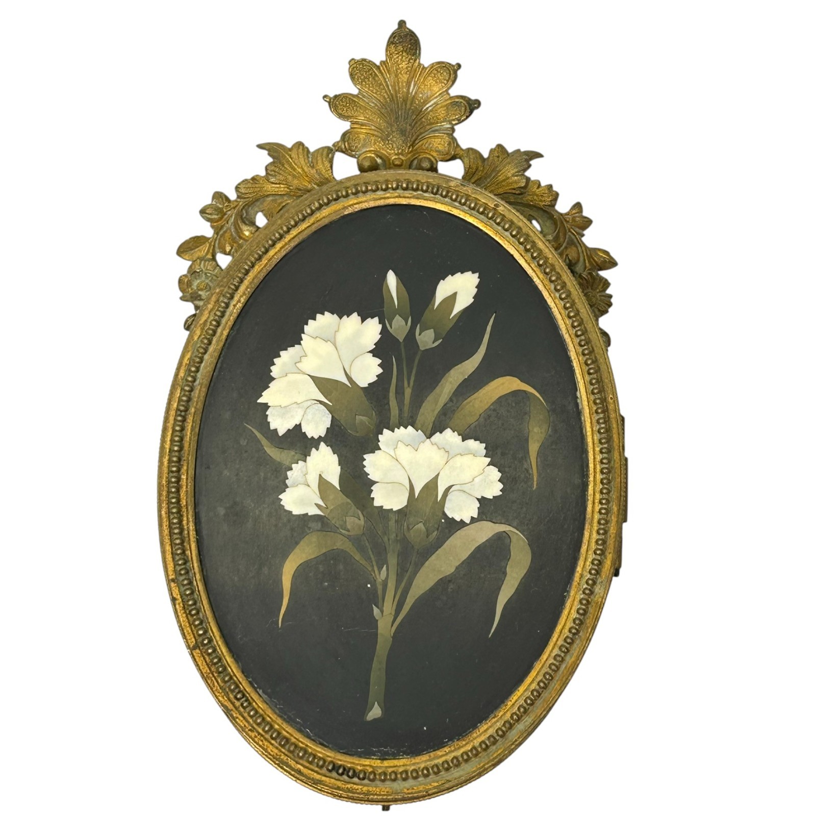 Antique Pietra Dura Picture Frame Bronze  Floral Design Double Oval Enclosed