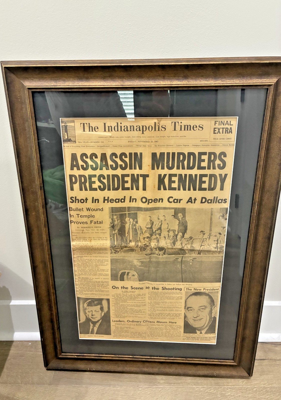 1963 JFK Assassination Newspaper Indianapolis Times Final Extra Framed Kennedy