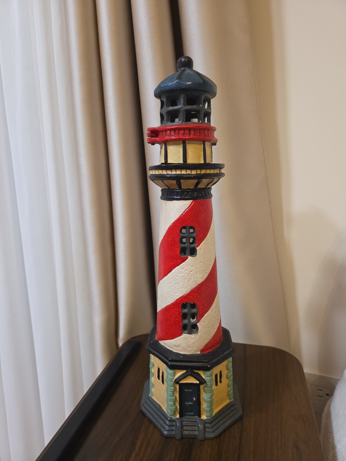 Vintage Cast Iron Light House Tea Light Candle Door Stop 17  Red White Stripe