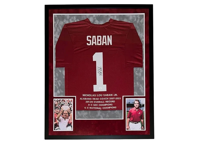 Nick Saban Autographed (Crimson #1) Deluxe Framed Jersey - JSA