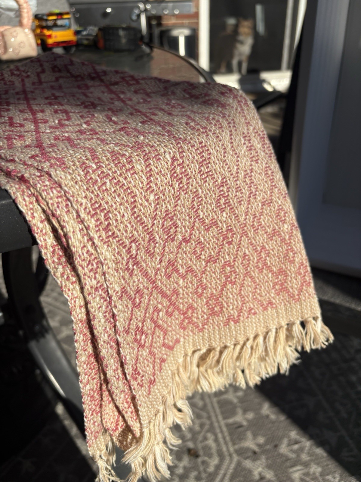 Vintage Handwoven Runner Red Cream Geometric Fringe 42x16 Weavers Corner Canada