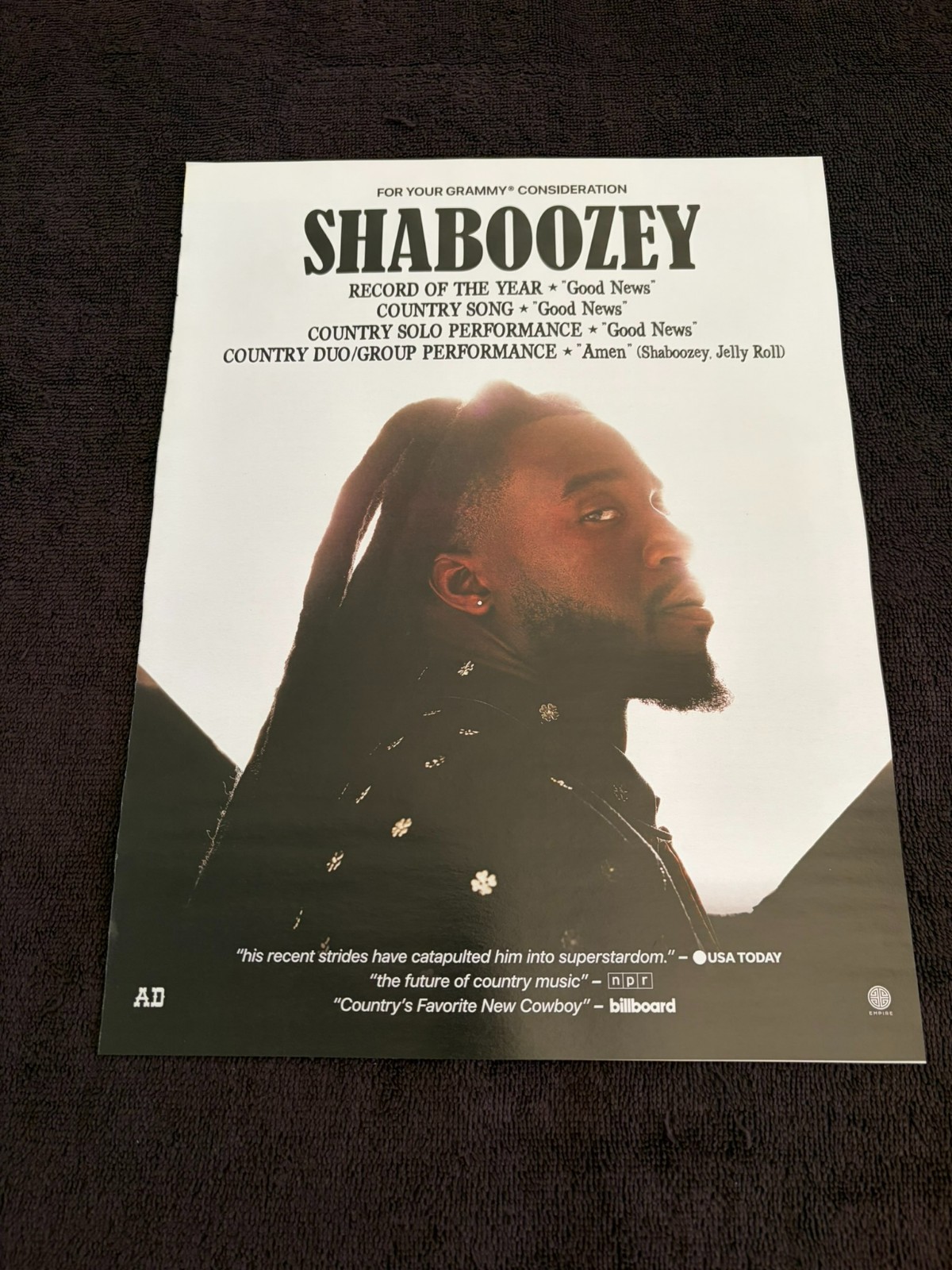 SHABOOZEY 2026 Grammy ad for Record of the Year & Country Song for \